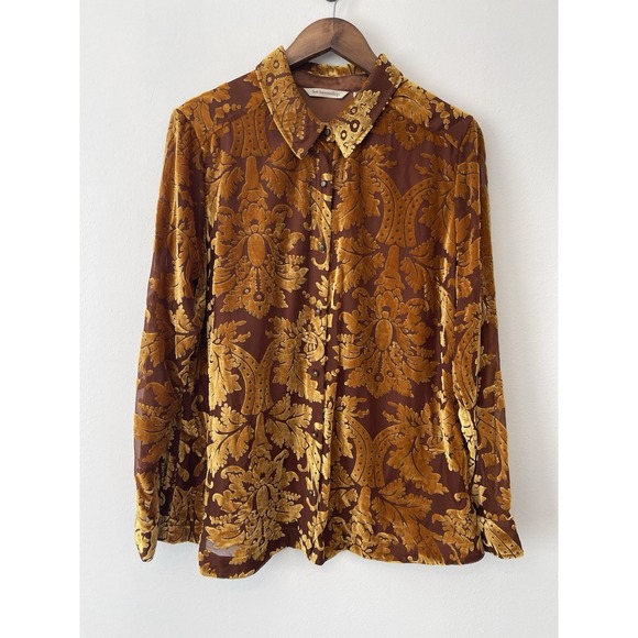 Soft Surroundings Tops - Soft Surroundings Floreat Mustard Gold Velvet Burnout Top Buttondown Size XL